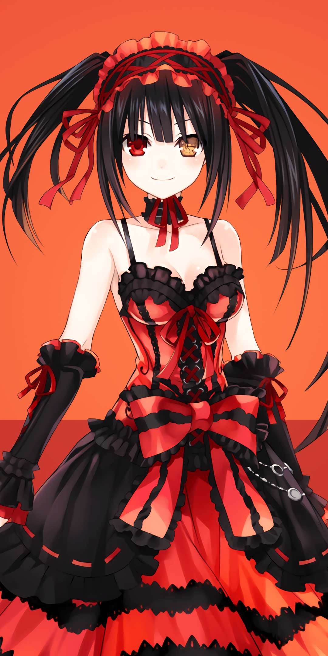 Phone wallpaper featuring Kurumi Tokisaki from Date A Live in a detailed red and black gothic outfit with twin tail hairstyle, designed for both iPhone and Android screens.
