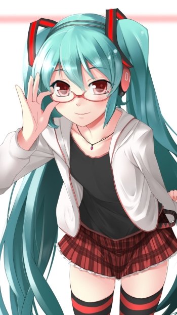 Phone wallpaper of Vocaloid Hatsune Miku: anime girl with long blue twintails, red eyes and glasses, wearing headphones, a white jacket, black top, red plaid skirt and thigh-highs.
