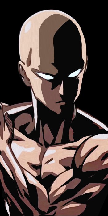 Phone wallpaper of Saitama (One-Punch Man): dramatic anime close-up of the bald, muscular hero with glowing eyes and stark shadows against a dark background.