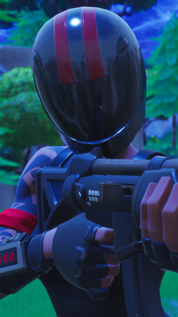 Fortnite Battle Royale phone wallpaper: helmeted black-and-red character aims a rifle in a moonlit forest — video game Fortnite scene.