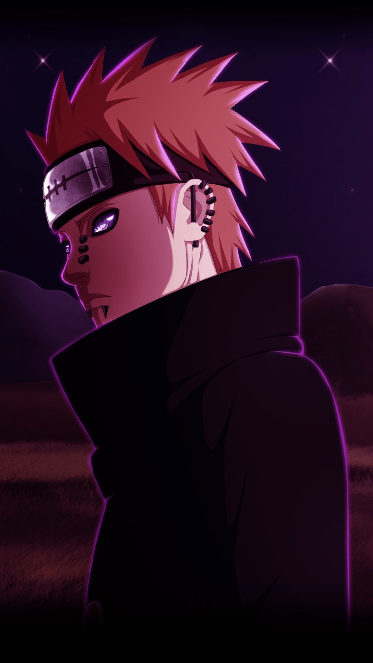 Phone wallpaper featuring Pain from Naruto with dark purple night sky, stars, and Yahiko’s headband, designed for anime fans on iPhone and Android devices.