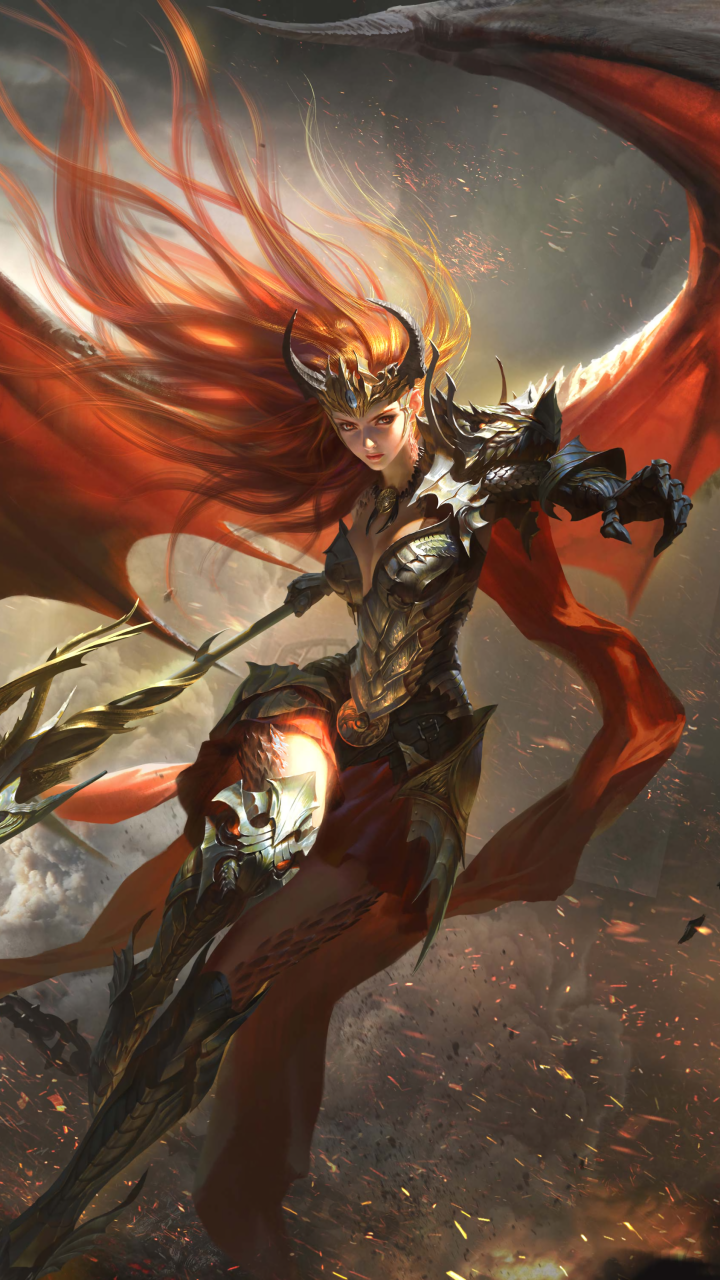Phone wallpaper of Theresa (League Of Angels): armored fantasy warrior with flowing red cloak and crown, spear in hand amid embers — video game art from League Of Angels.