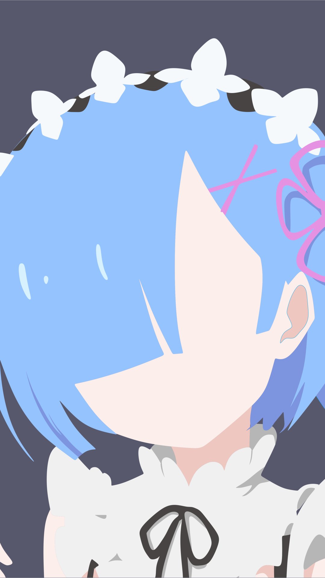 Phone wallpaper of Rem from Re:Zero: minimalist faceless portrait — blue hair, pink cross hairpin, maid collar with black ribbon against a muted gray background.