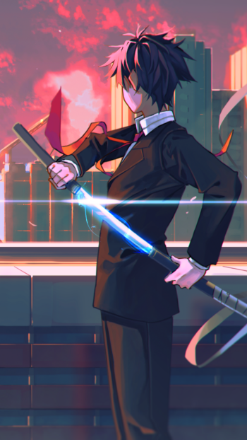 tie city sword brown hair Anime Original Phone Wallpaper