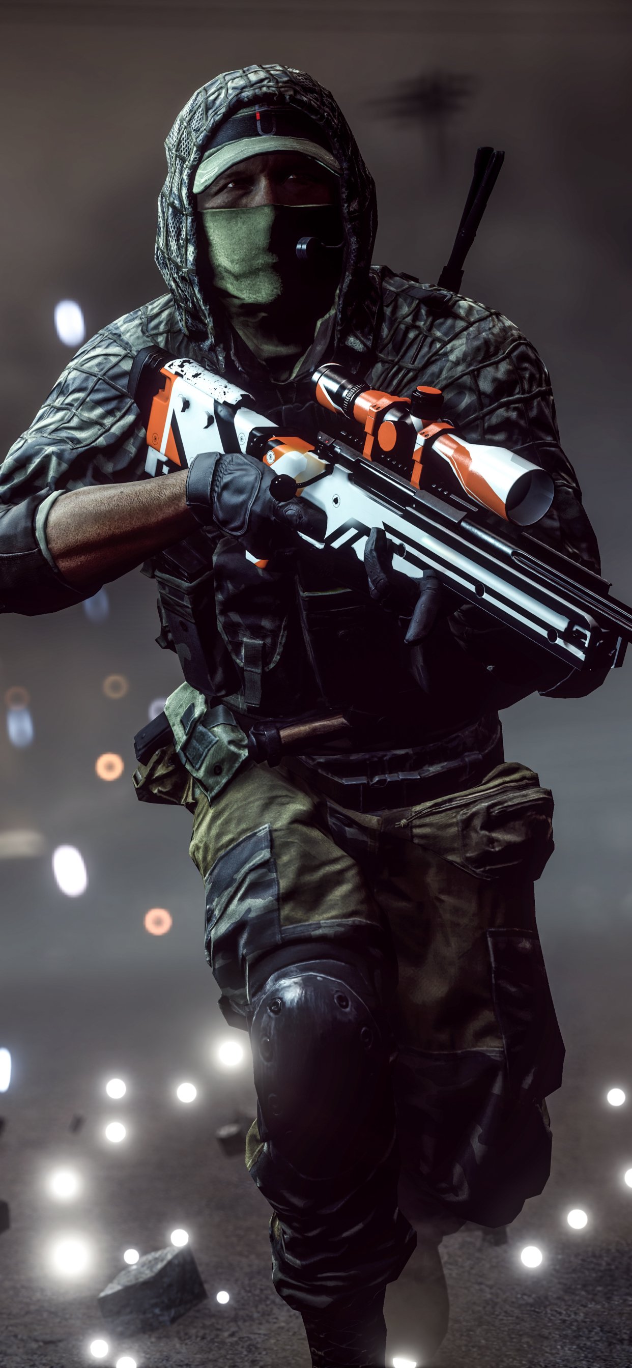 Phone wallpaper of a masked Battlefield 4 sniper soldier from the video game, advancing with a camo hood and orange-accented rifle amid bokeh lights.