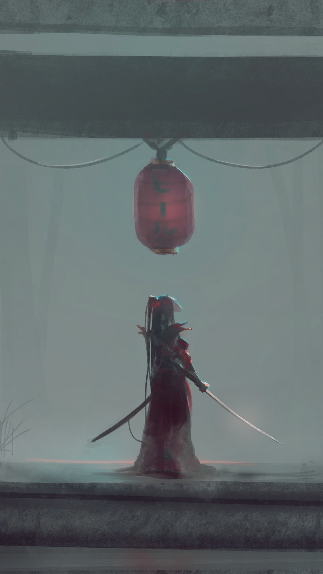 Vertical phone wallpaper (iPhone/Android): lone fantasy samurai stands beneath a glowing red lantern, sword drawn amid misty temple ruins.