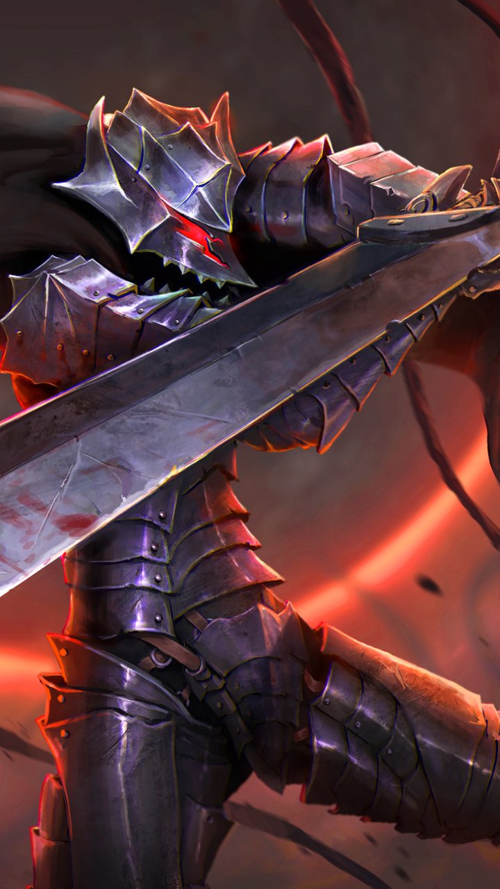 Phone wallpaper of Guts (Berserk) in dark berserker armor, gripping his massive sword against a red, fiery anime-style background.