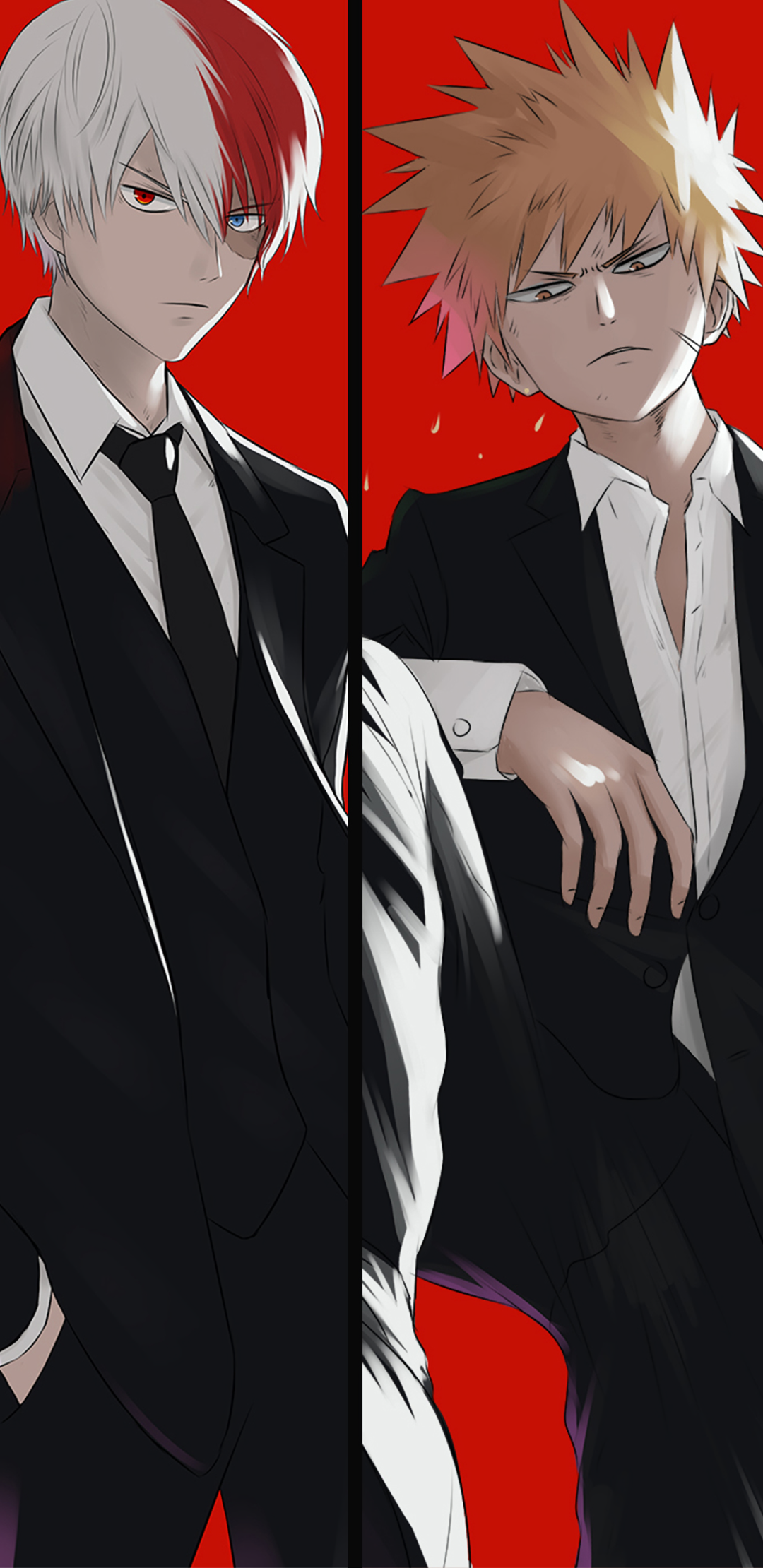 Phone wallpaper of My Hero Academia anime: Shoto Todoroki and Katsuki Bakugou in black suits against a split red background, Todoroki stoic and Bakugou scowling.
