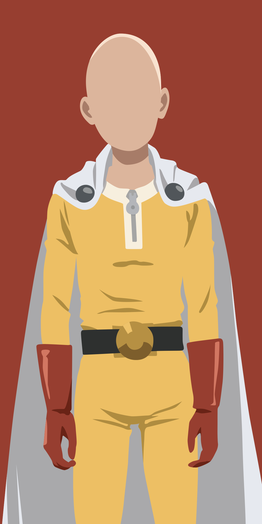 Minimalist anime phone wallpaper of Saitama (One-Punch Man): faceless full-body portrait in yellow hero suit, red gloves, white cape against a muted red background.
