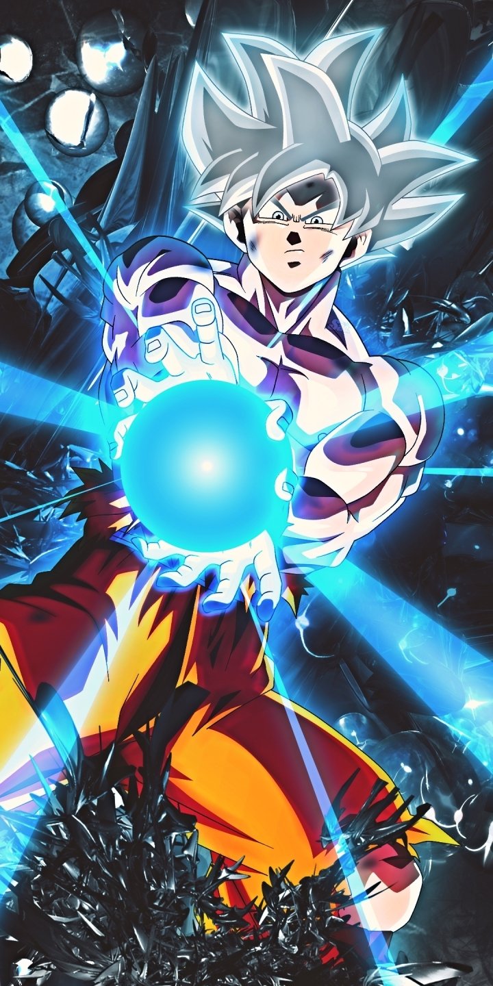 Phone wallpaper of Goku in Ultra Instinct (Dragon Ball Super) — silver-haired anime Goku unleashing a glowing blue energy orb amid dynamic energy streaks.