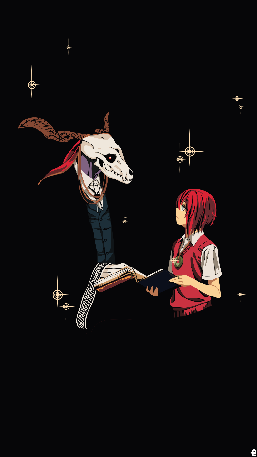 Phone wallpaper of Elias Ainsworth and Chise Hatori from the anime The Ancient Magus' Bride — Elias in a skull mask holding a book, Chise in a red vest gazing up amid small stars.