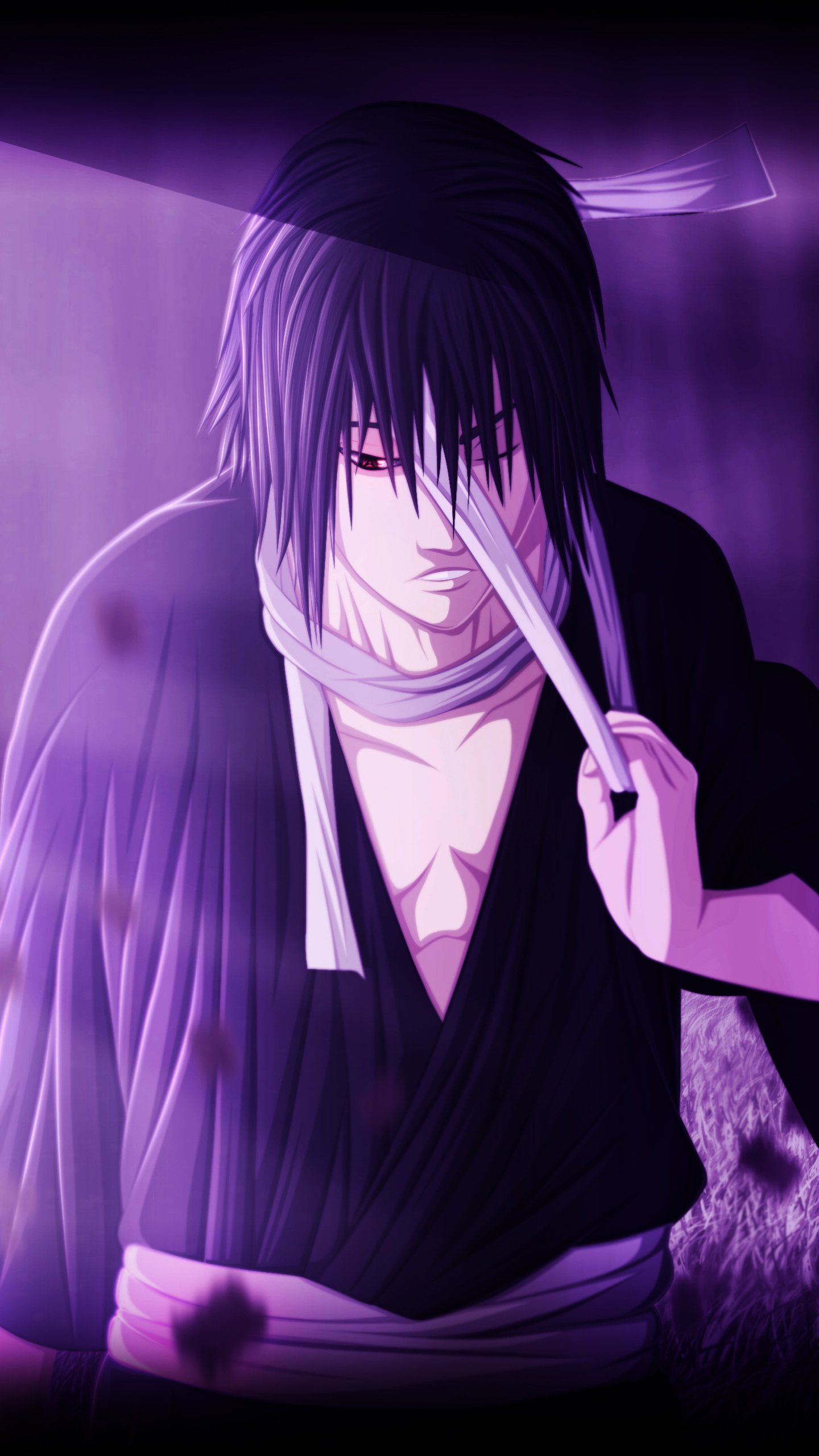 Purple-toned phone wallpaper of Sasuke Uchiha from the Naruto anime, holding a sword by his face with a cold, focused gaze.