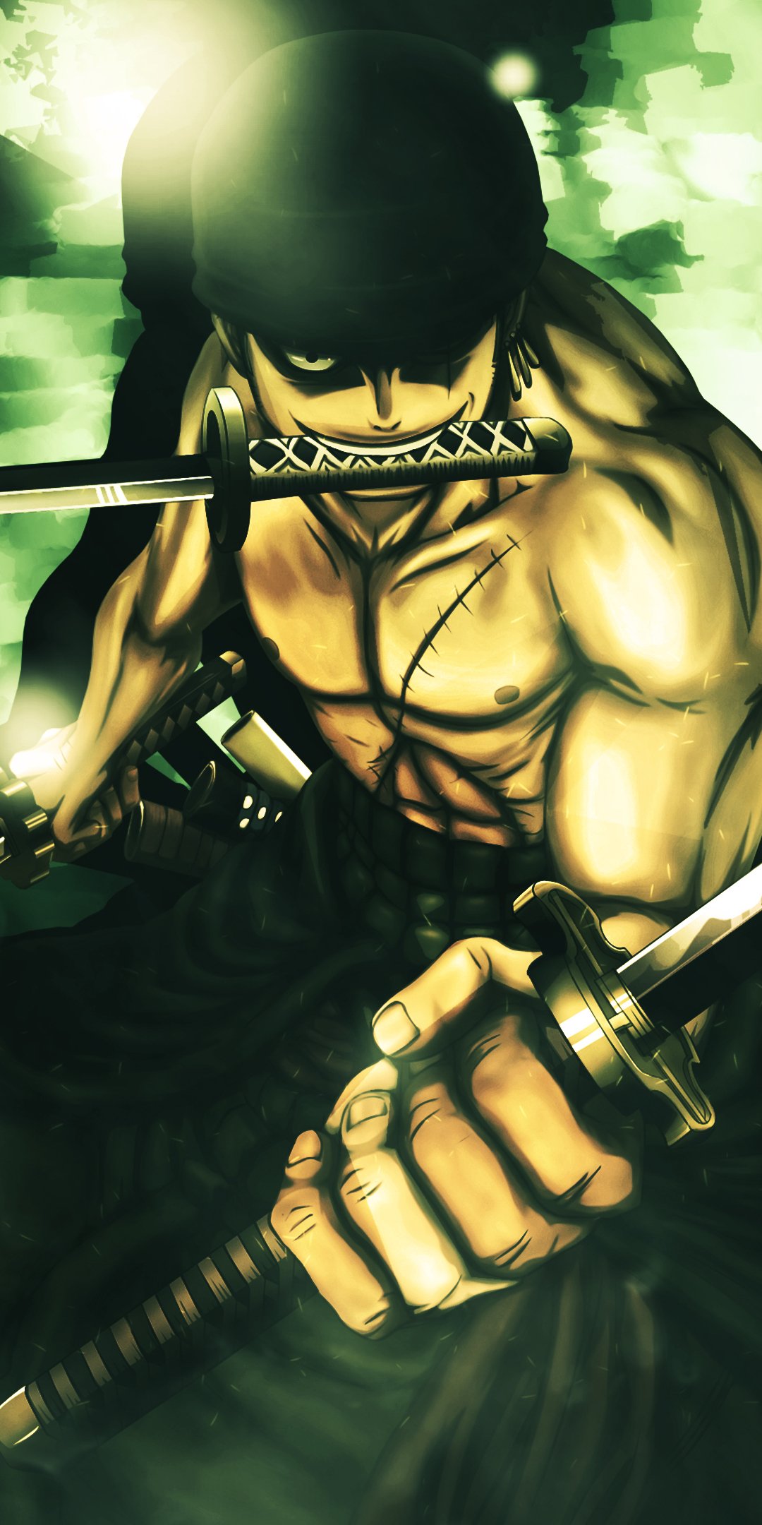 Phone wallpaper featuring Sanji from One Piece anime, showcasing his intense pose with swords and dynamic green lighting, compatible with iPhone and Android screens.