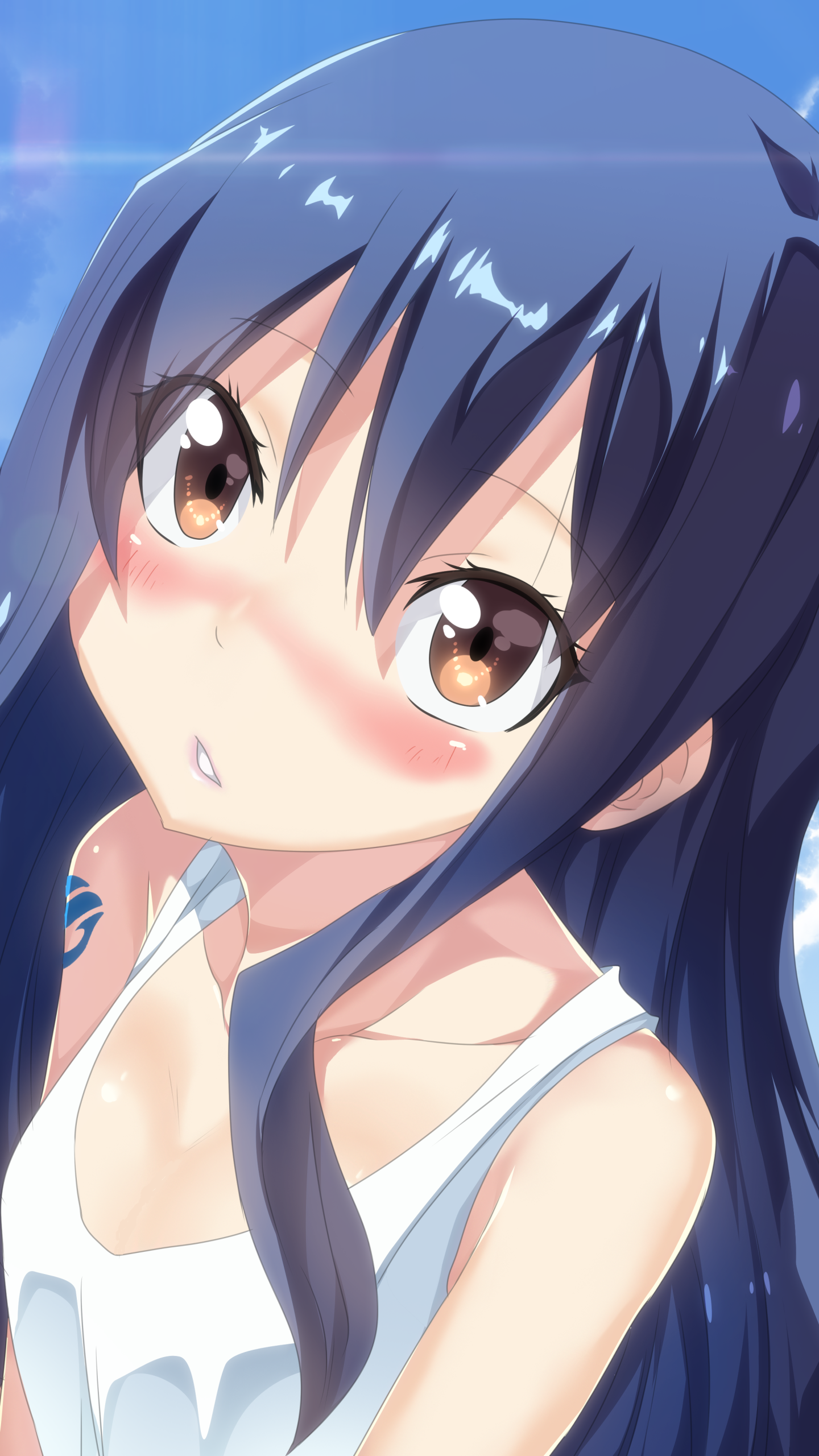 Close-up anime phone wallpaper of Wendy Marvell from Fairy Tail, blushing with long blue hair and brown eyes, wearing a white top against a bright, sky-blue background.