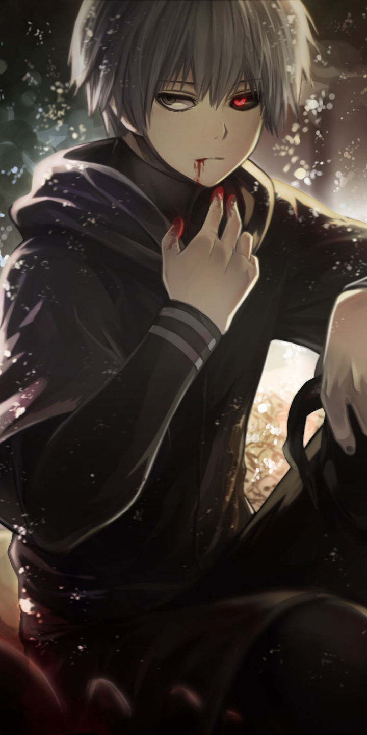 Phone wallpaper of Ken Kaneki (Anime, Tokyo Ghoul): pale-haired ghoul with one glowing red eye, blood at his lips and fingers, wearing a dark hoodie in moody, cinematic lighting.
