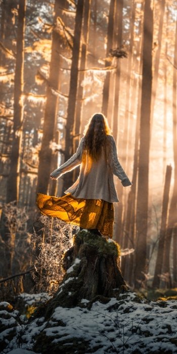 long hair sunbeam forest rear model woman mood Phone Wallpaper