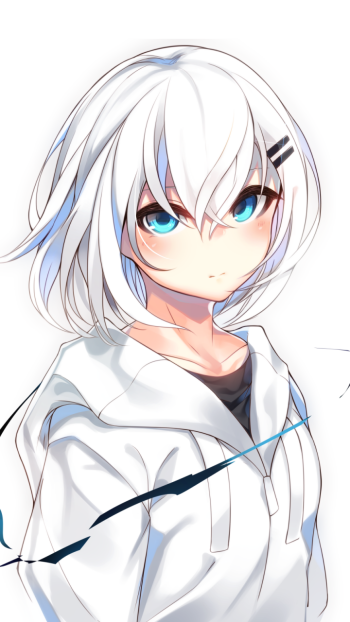 Phone wallpaper of an anime girl with white hair and bright blue eyes, wearing a white hoodie and looking forward with a calm, slightly serious expression.