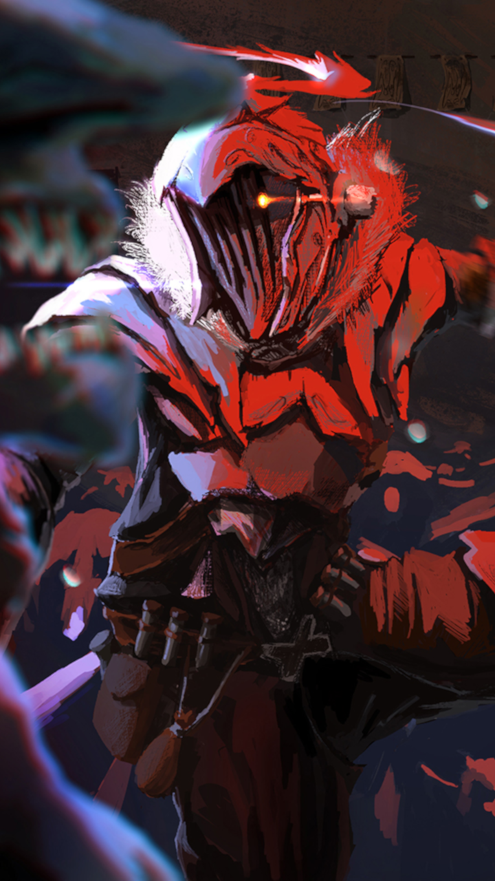 Anime-themed Goblin Slayer wallpaper showcasing the armored hero in dynamic red and dark tones, designed for seamless display on iPhone and Android screens.