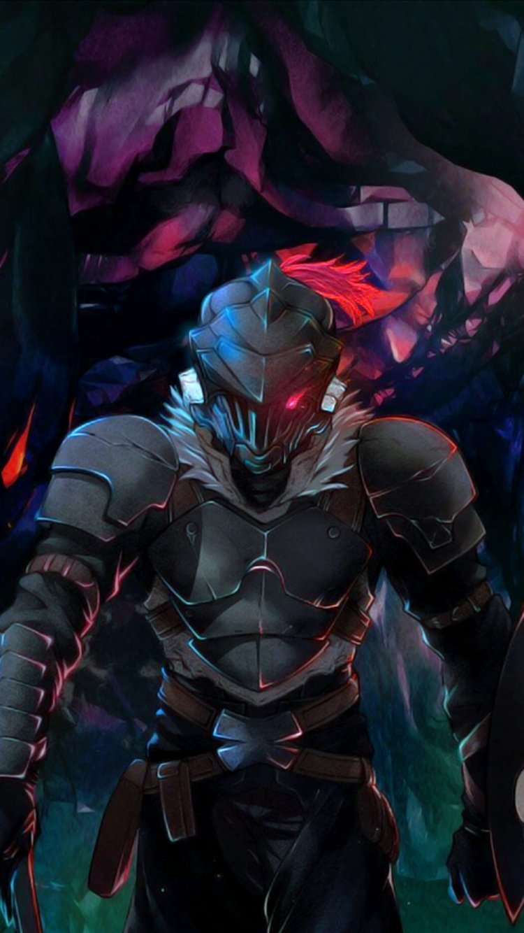 Phone wallpaper featuring Goblin Slayer (anime): armored warrior with glowing red visor and crimson plume, standing in a shadowy cavern bathed in purple and blue light.