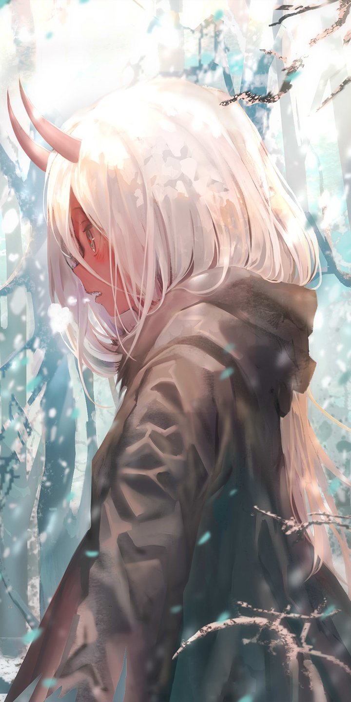 Anime phone wallpaper featuring Zero Two from Darling in the FranXX, showcasing her side profile with white hair and horns against a soft, nature-inspired background.