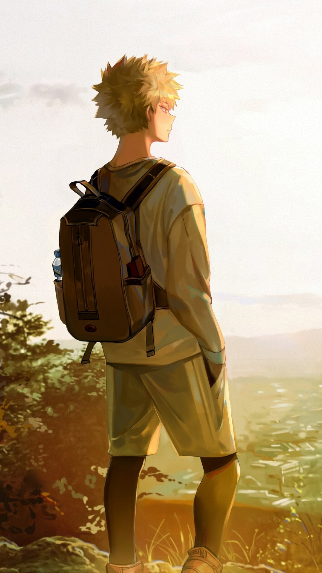 Katsuki Bakugou from My Hero Academia stands with a backpack overlooking a sunset landscape, designed as an anime-themed phone wallpaper for iPhones and Android devices.