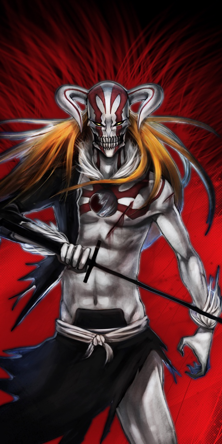 Phone wallpaper featuring Ichigo Kurosaki from Bleach in his Hollow form, with striking red and black tones, compatible with both iPhone and Android screens.