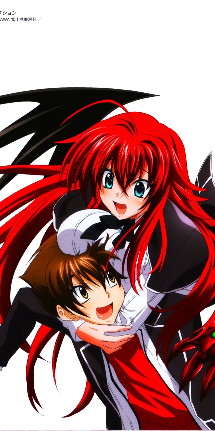Anime-style High School DxD wallpaper featuring vibrant characters with red hair and dynamic poses, designed to fit iPhone and Android phone screens.