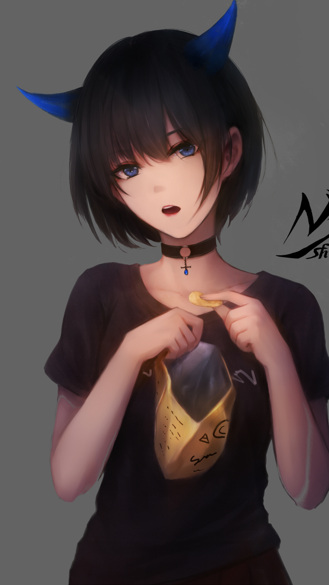 Download Chips Blue Eyes Black Hair Short Hair Horns Anime Original Phone Wallpaper