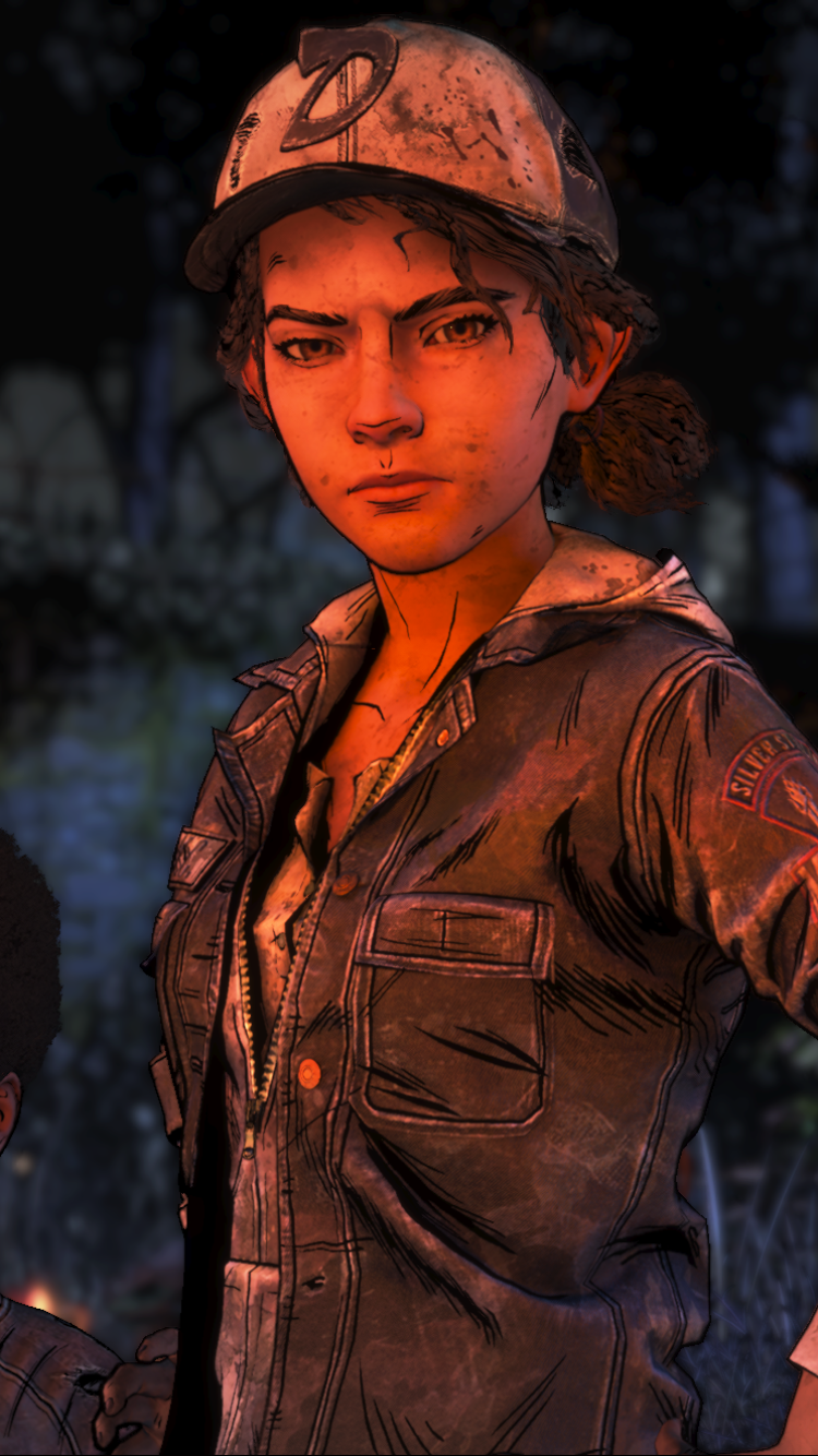 Phone wallpaper for iPhone and Android: Clementine from The Walking Dead video game, The Walking Dead: The Final Season — portrait at dusk with a determined expression.