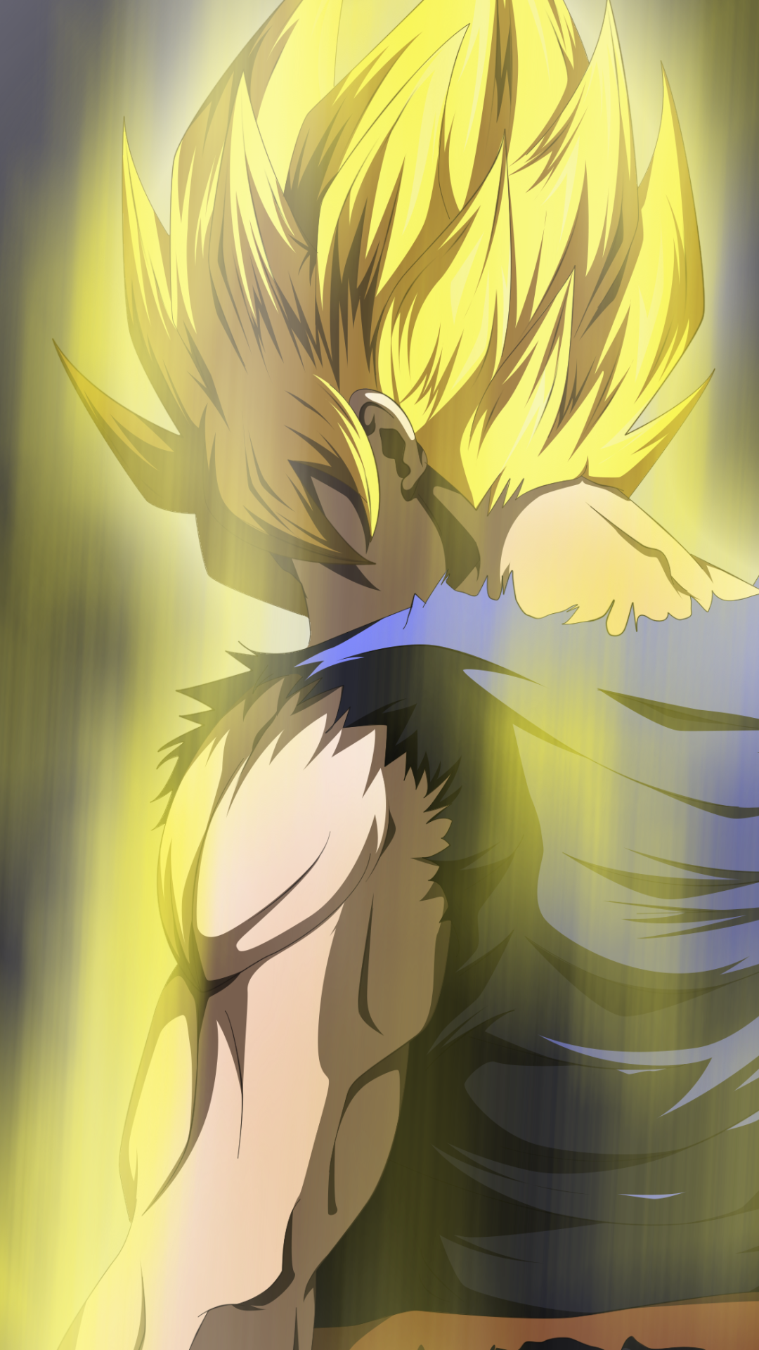 Anime phone wallpaper of Goku as a Super Saiyan from Dragon Ball Super, shown in profile with glowing golden hair and a radiant energy aura.