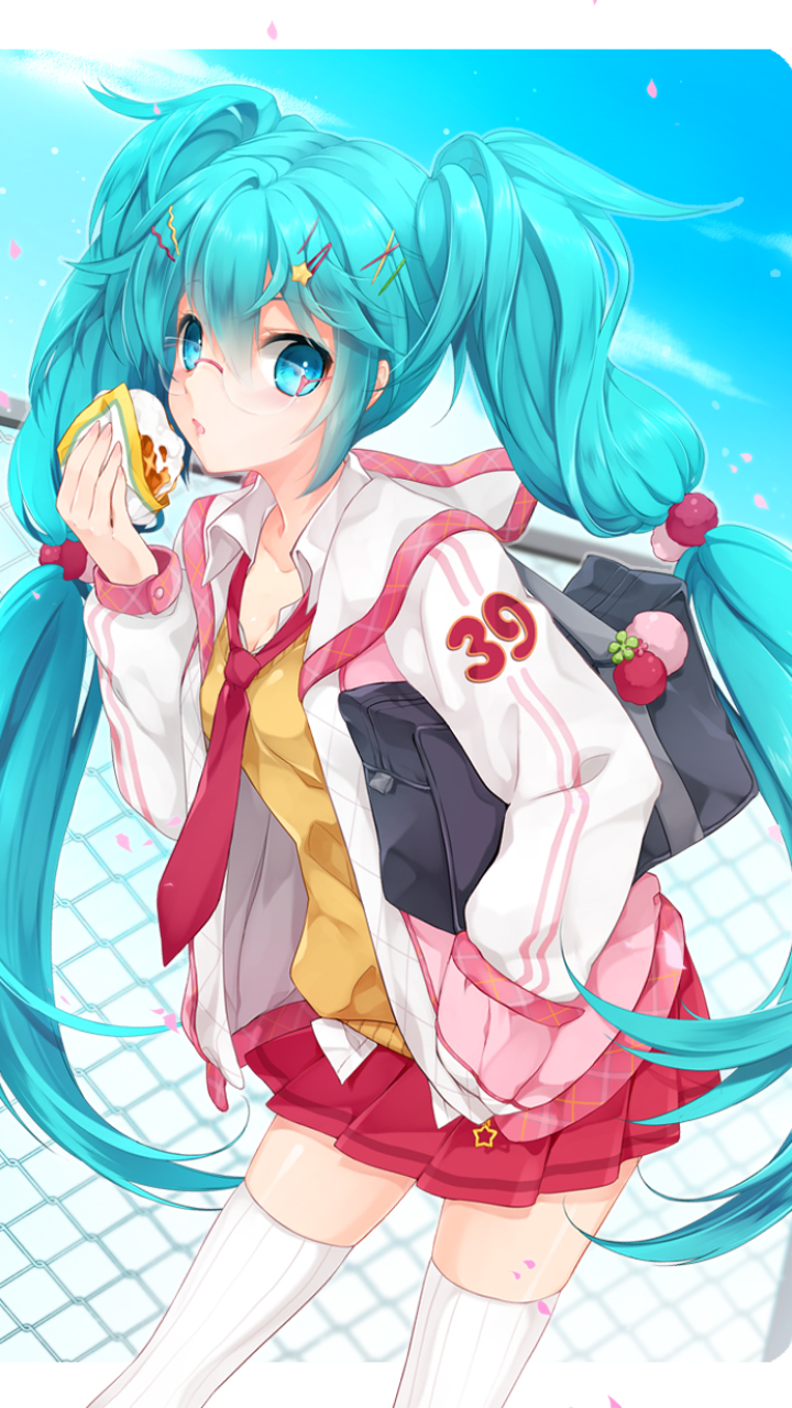 Hatsune Miku anime Vocaloid phone wallpaper, turquoise twin-tails in a school uniform and jacket labeled 39, munching a sandwich with a bright blue sky background.