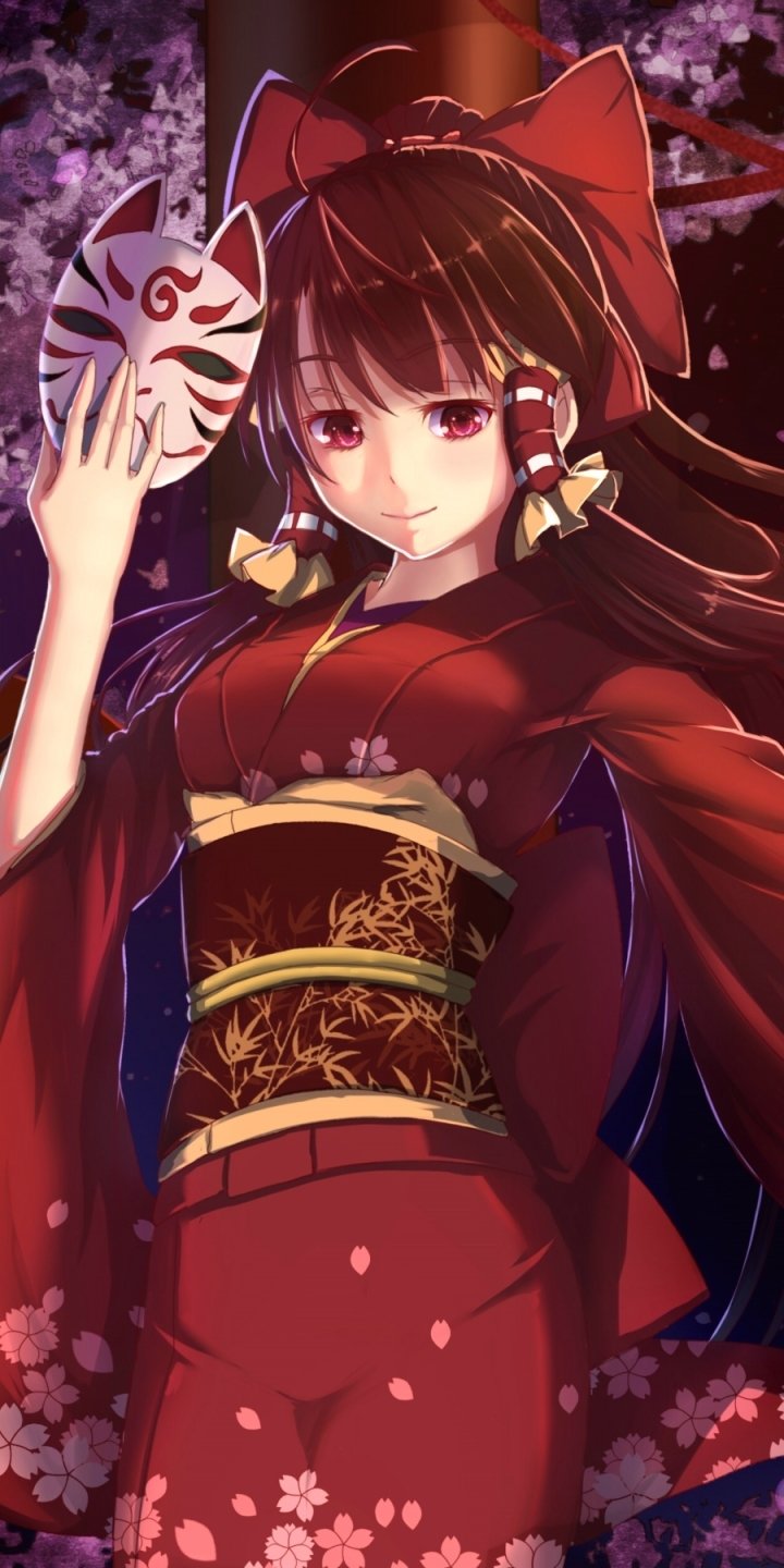 Download Bow (Clothing) Flower Cherry Blossom Festival Mask Brown Hair Long Hair Red Eyes Yukata Japanese Clothes Reimu Hakurei Anime Touhou Phone Wallpaper