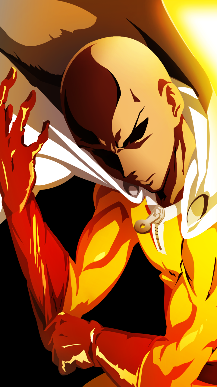 Phone wallpaper of Saitama (One-Punch Man) in yellow suit and white cape, red-gloved fist raised amid dramatic light and shadows — Anime, One-Punch Man.