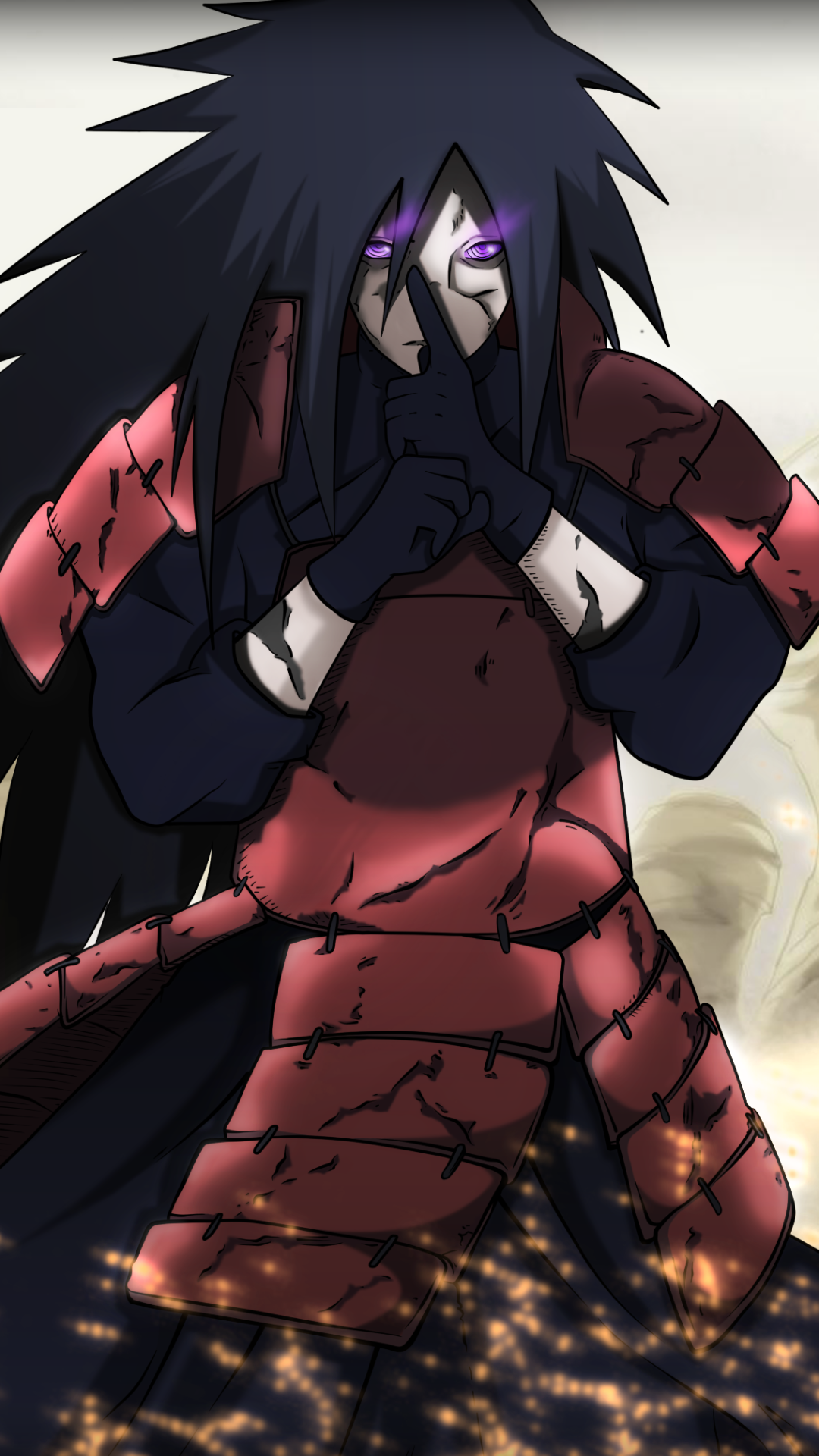 Phone wallpaper of Madara Uchiha from Naruto (anime): dark-haired warrior in cracked red armor, glowing purple eye, hands in a jutsu pose amid embers and ash.