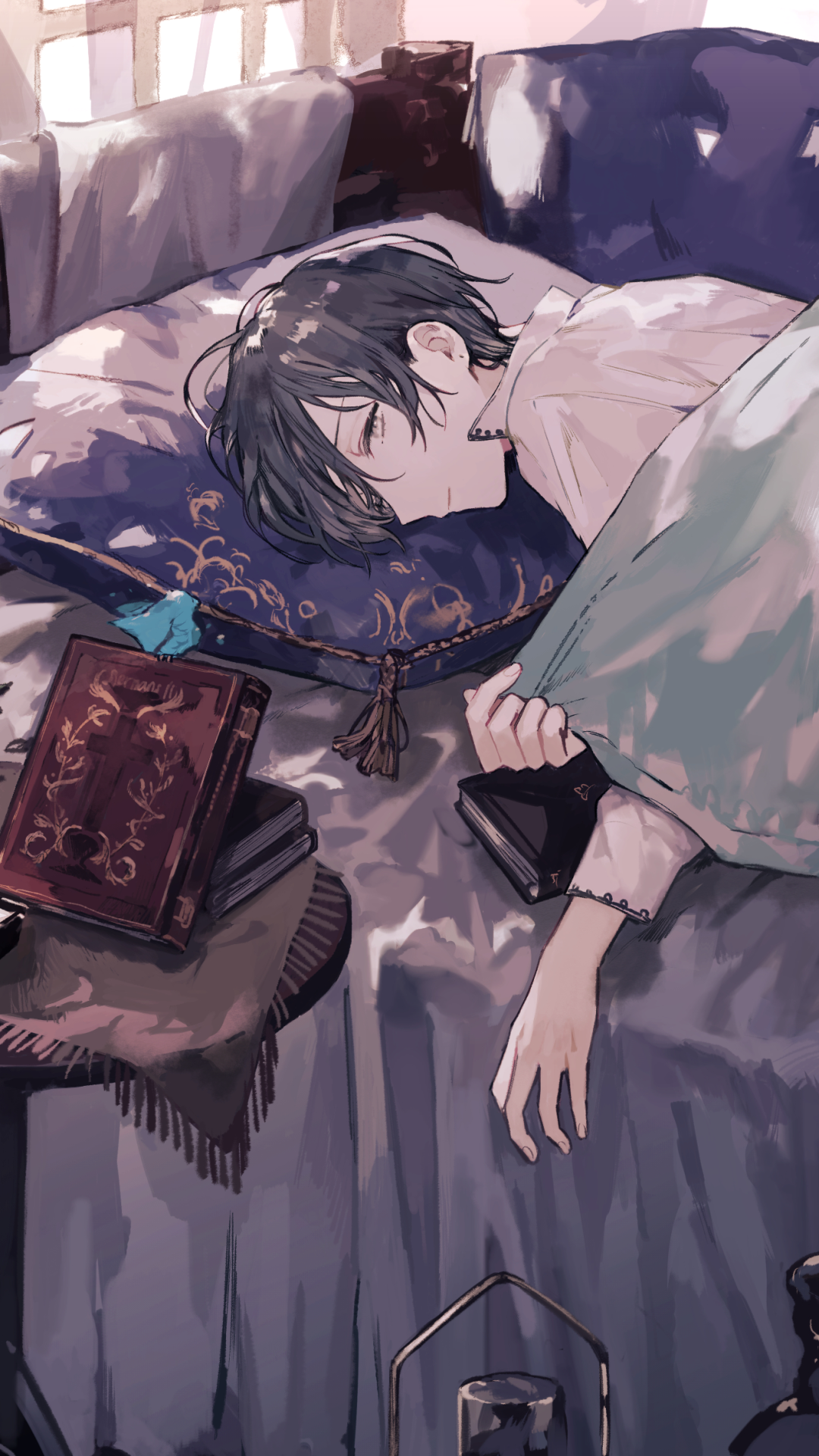 Original anime phone wallpaper: a white-eyed character sleeps on a sofa, hand resting near a closed book among soft pillows and warm window light.