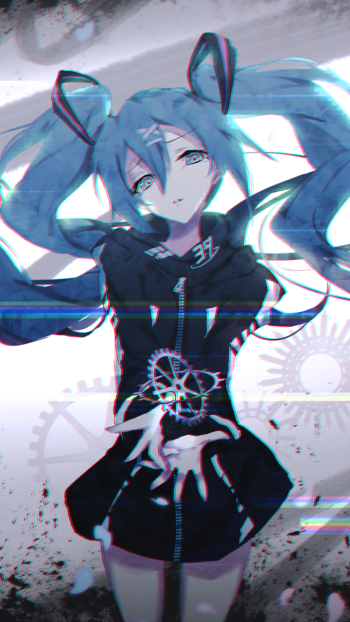 Phone wallpaper of Hatsune Miku, the Vocaloid: anime-style blue long twintails and blue eyes, wearing a black outfit with gear motifs, reaching forward amid a glitchy monochrome background.