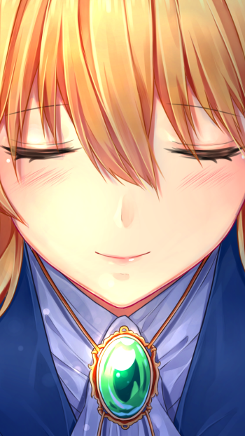 Close-up anime-style phone wallpaper of Violet Evergarden with closed eyes, golden hair, and a green gemstone pendant, designed for iPhone and Android displays.