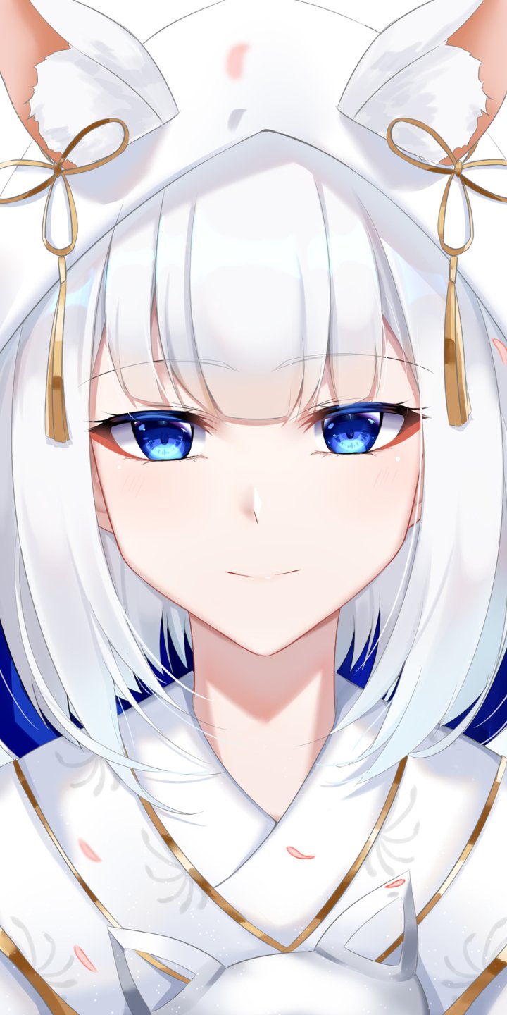 Phone wallpaper portrait of Kaga (Azur Lane): white-haired, fox-eared anime girl with vivid blue eyes in a ceremonial white outfit.