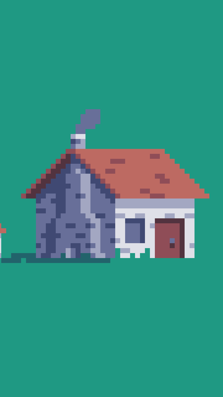 Pixel-art cottage with red roof on a teal background, artistic phone wallpaper for iPhones and Android phones.