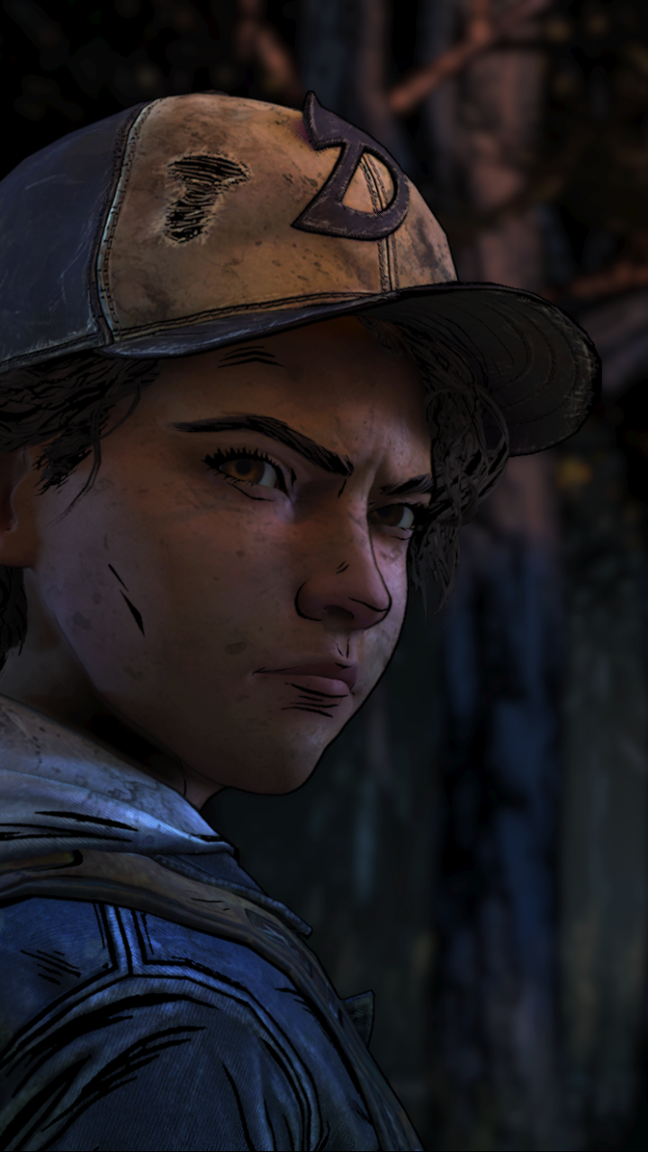 Close-up of Clementine (The Walking Dead) from the video game The Walking Dead: The Final Season — stern expression, D hat, moody forest phone wallpaper for iPhone and Android.