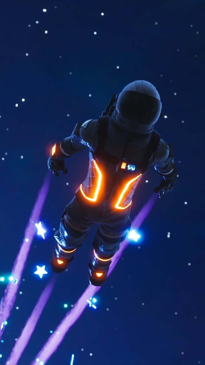 Fortnite video game phone wallpaper: an astronaut-style character rockets upward through a starry night, glowing orange suit accents and purple neon contrails.