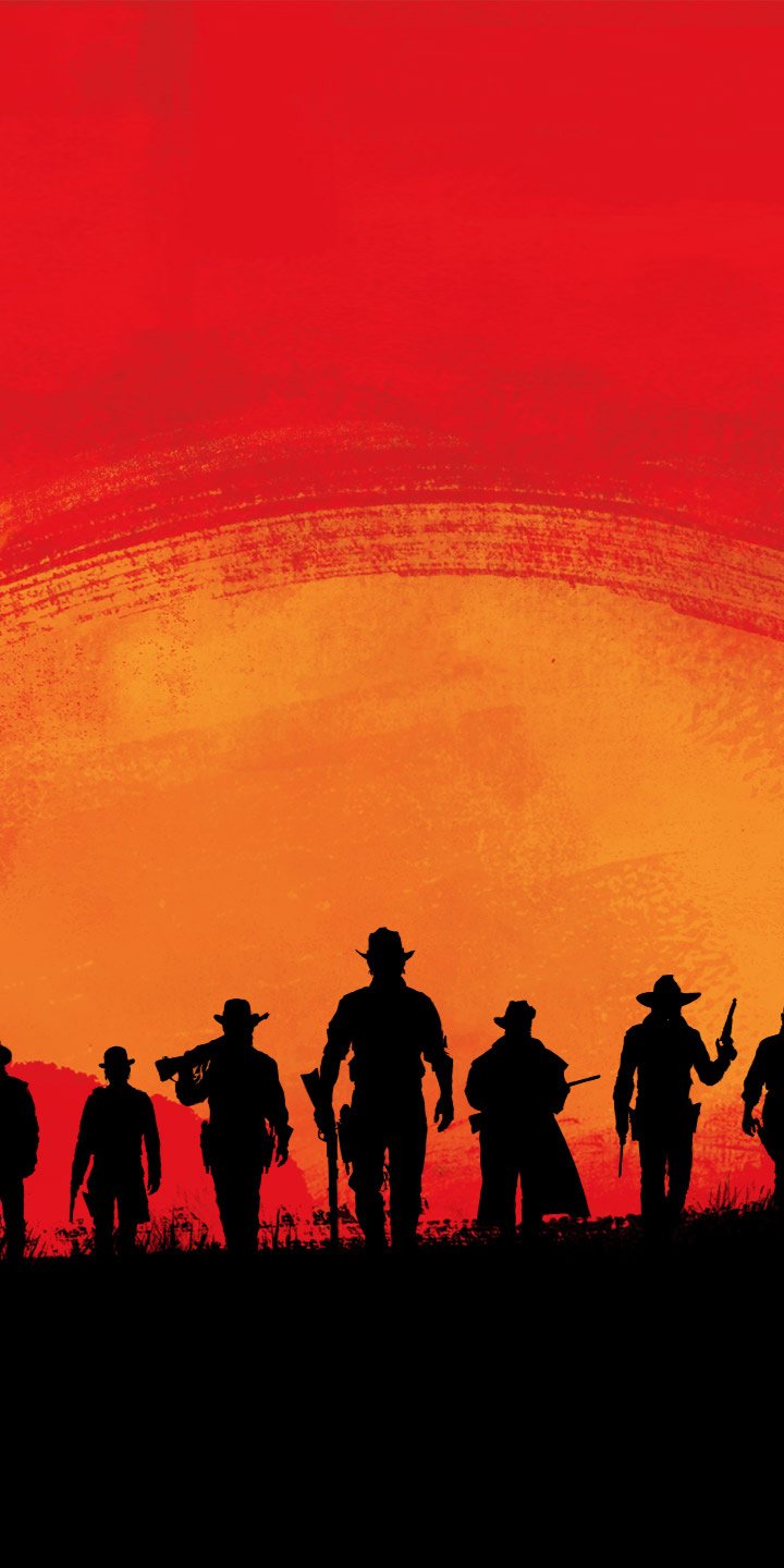 Red Dead Redemption 2 video game phone wallpaper — silhouetted cowboys walking across a plain beneath a bold red-orange sunset.