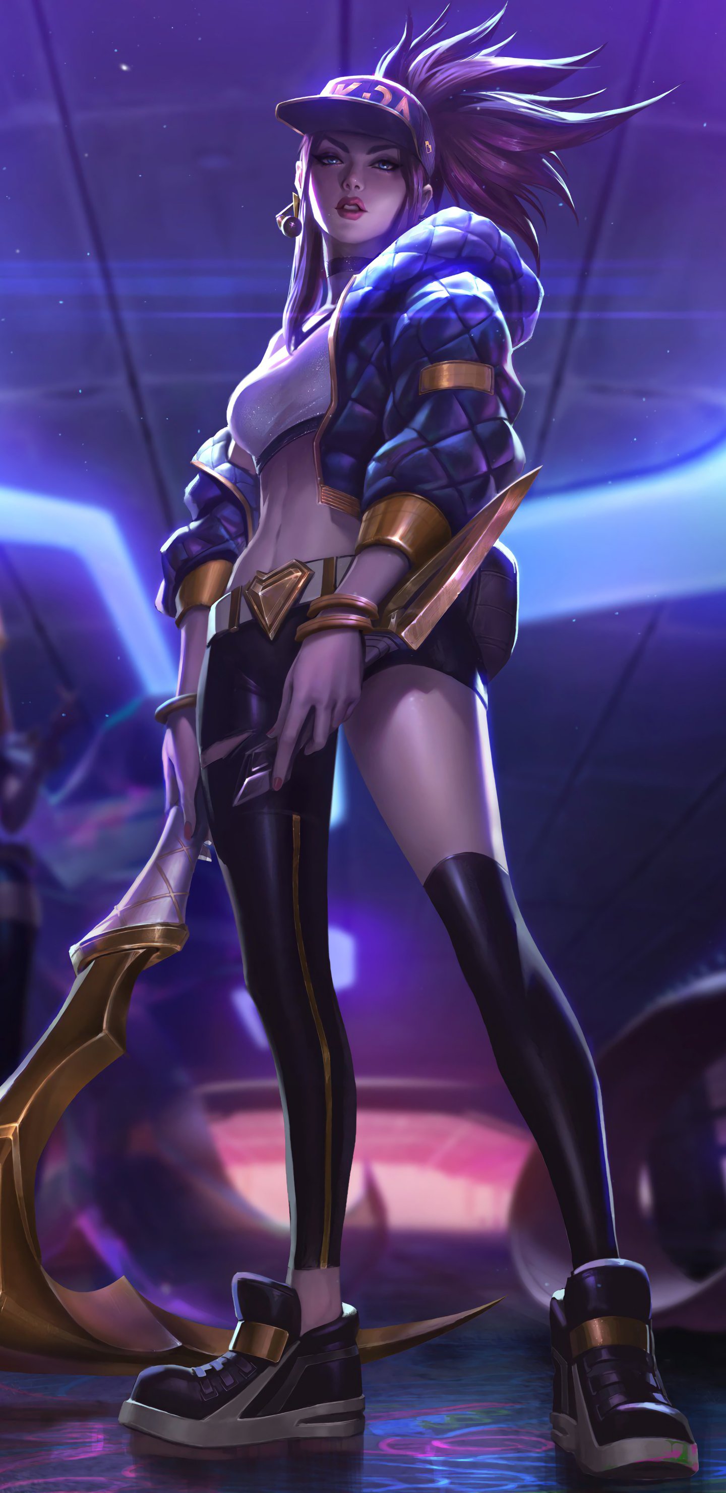 Phone wallpaper featuring Akali from League of Legends, showcasing her in a dynamic pose with vibrant purple and blue lighting, designed for iPhones and Android devices.