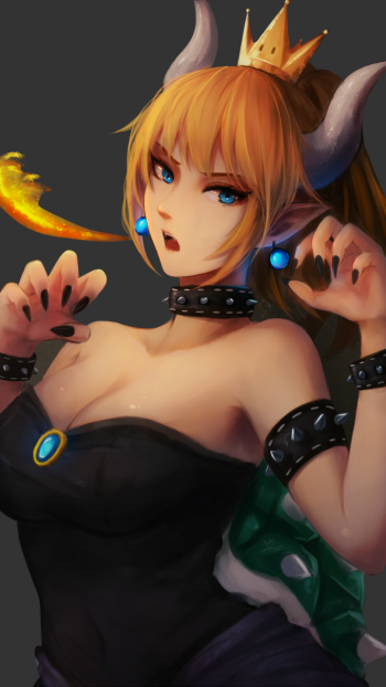 crown earrings blue eyes ponytail blonde horns video game Bowsette Phone Wallpaper