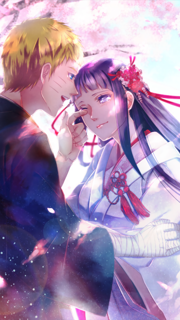 Phone wallpaper of Naruto Uzumaki and Hinata Hyuga from Naruto anime, surrounded by cherry blossoms, designed for iPhones and Android phones.