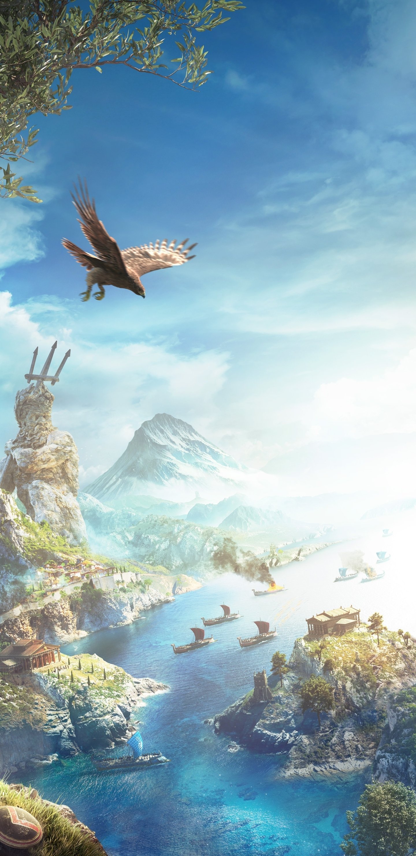 Assassin's Creed Odyssey phone wallpaper: sunlit Greek coastline with an eagle soaring above islands, a trident-topped statue, and boats on a vibrant blue sea.