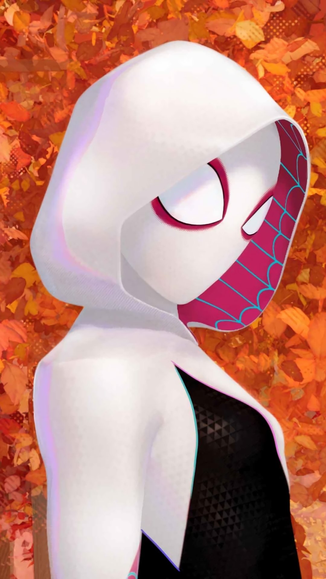 Phone wallpaper of Spider-Gwen from the movie Spider-Man: Into the Spider-Verse — side profile in a white hooded suit with pink-lined mask against orange autumn leaves.