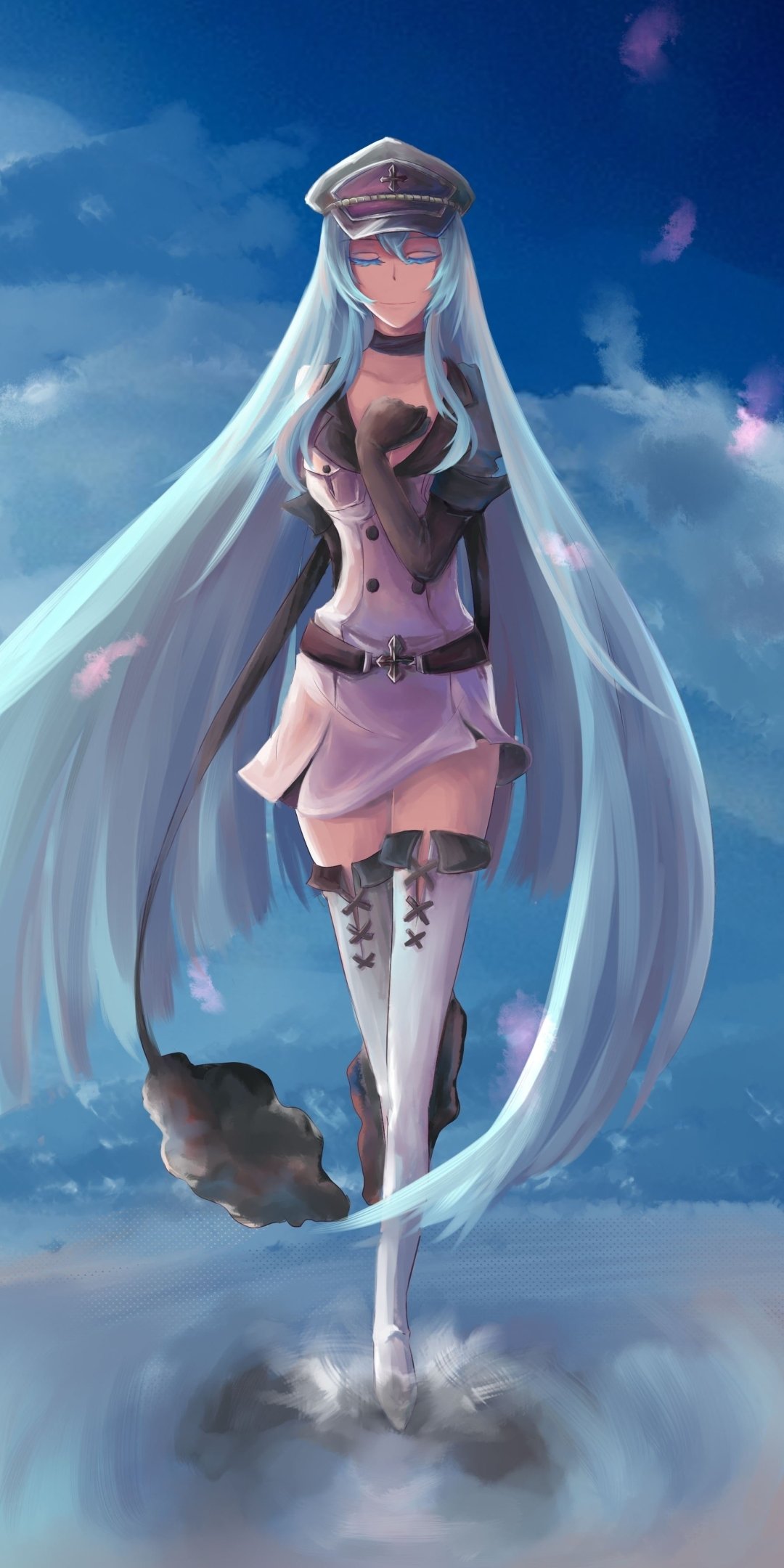 Phone wallpaper of Esdeath (Akame Ga Kill!), anime art showing her in a military coat and cap, long icy-blue hair flowing, standing on clouds as petals fall.