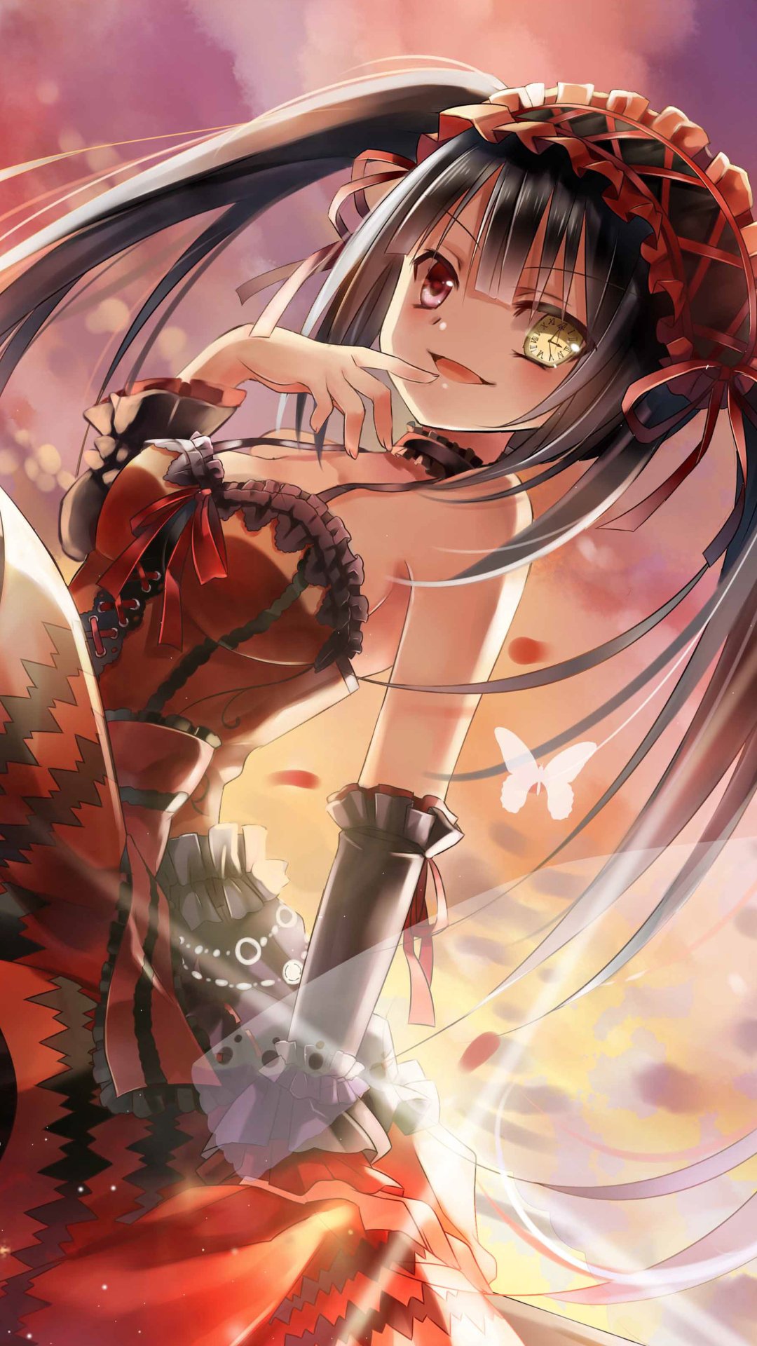 Phone wallpaper featuring Kurumi Tokisaki from the anime Date A Live, showcasing her distinctive red and black outfit with a warm, glowing background for iPhone and Android.