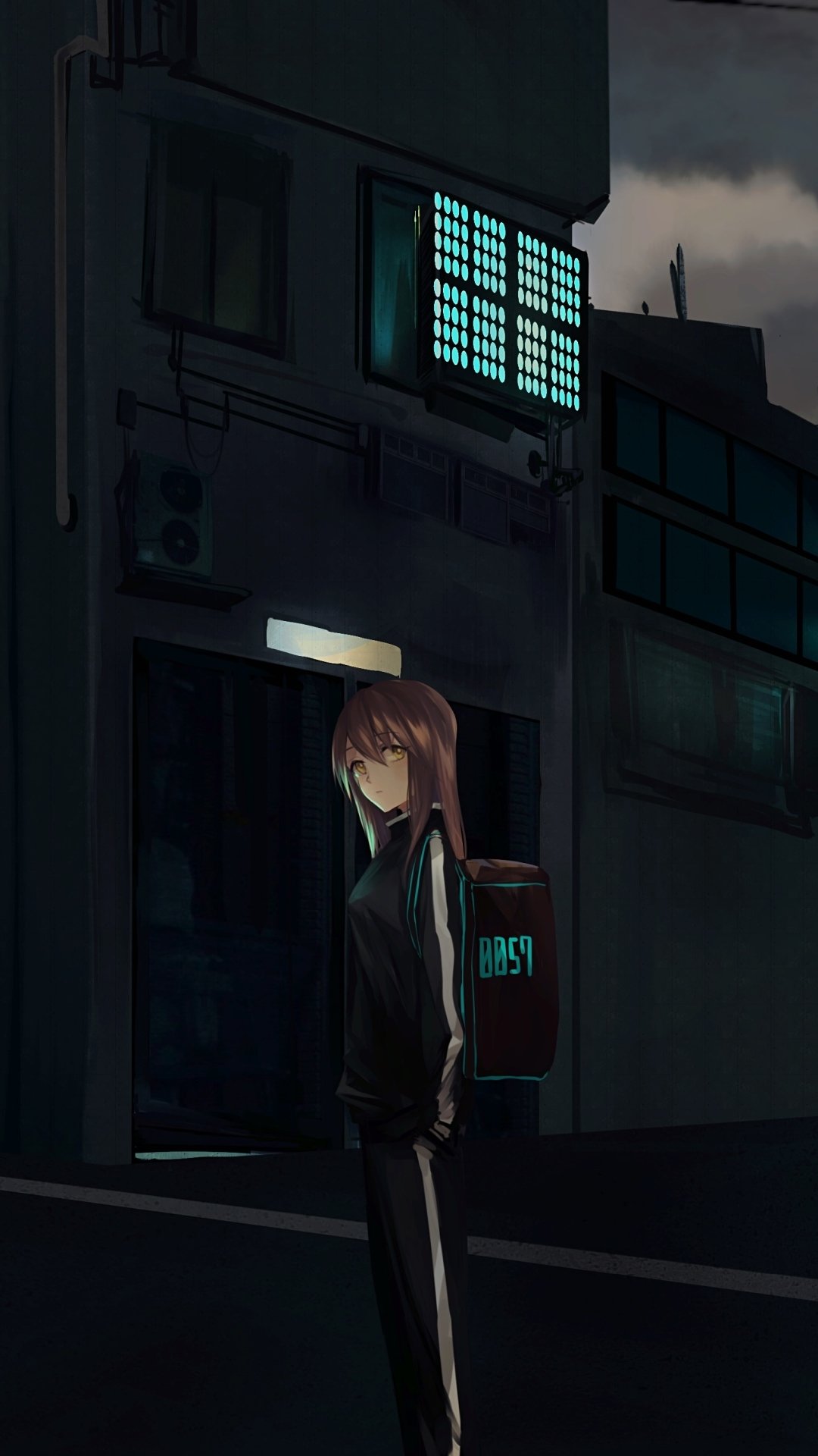 Dark anime original phone wallpaper: lone schoolgirl with backpack under a teal-lit window on a shadowy city street — moody anime city scene.